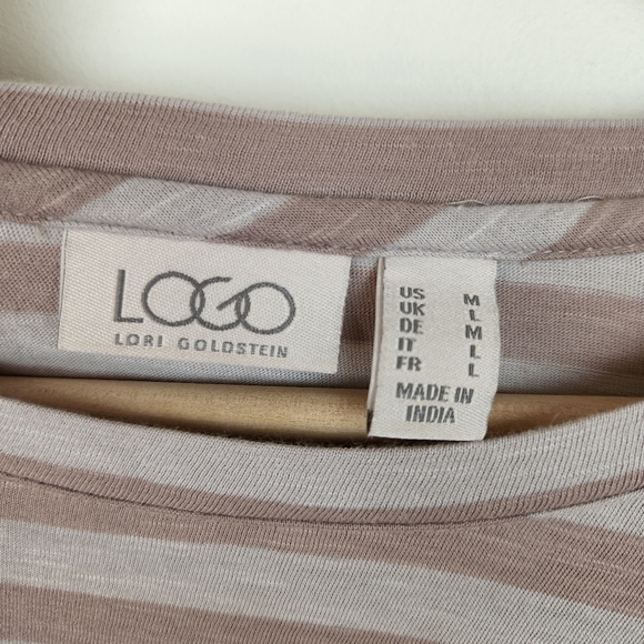 LOGO Lori Goldstein Slub Knit Long Sleeve Ruffle Hem Brown Stripe Top Sz M - Picture 3 of 6